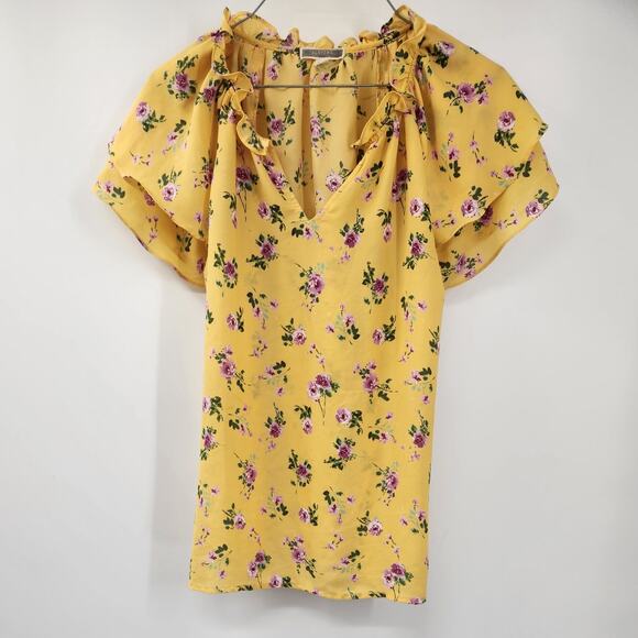 Pleione Yellow Floral Ruffle Sleeve Top Womens Extra Small XS Cottagecore Spring - Picture 1 of 4